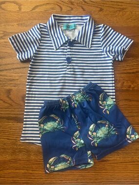 Striped Polo & Crab-Print Shorts Kids Matching Set - Blue